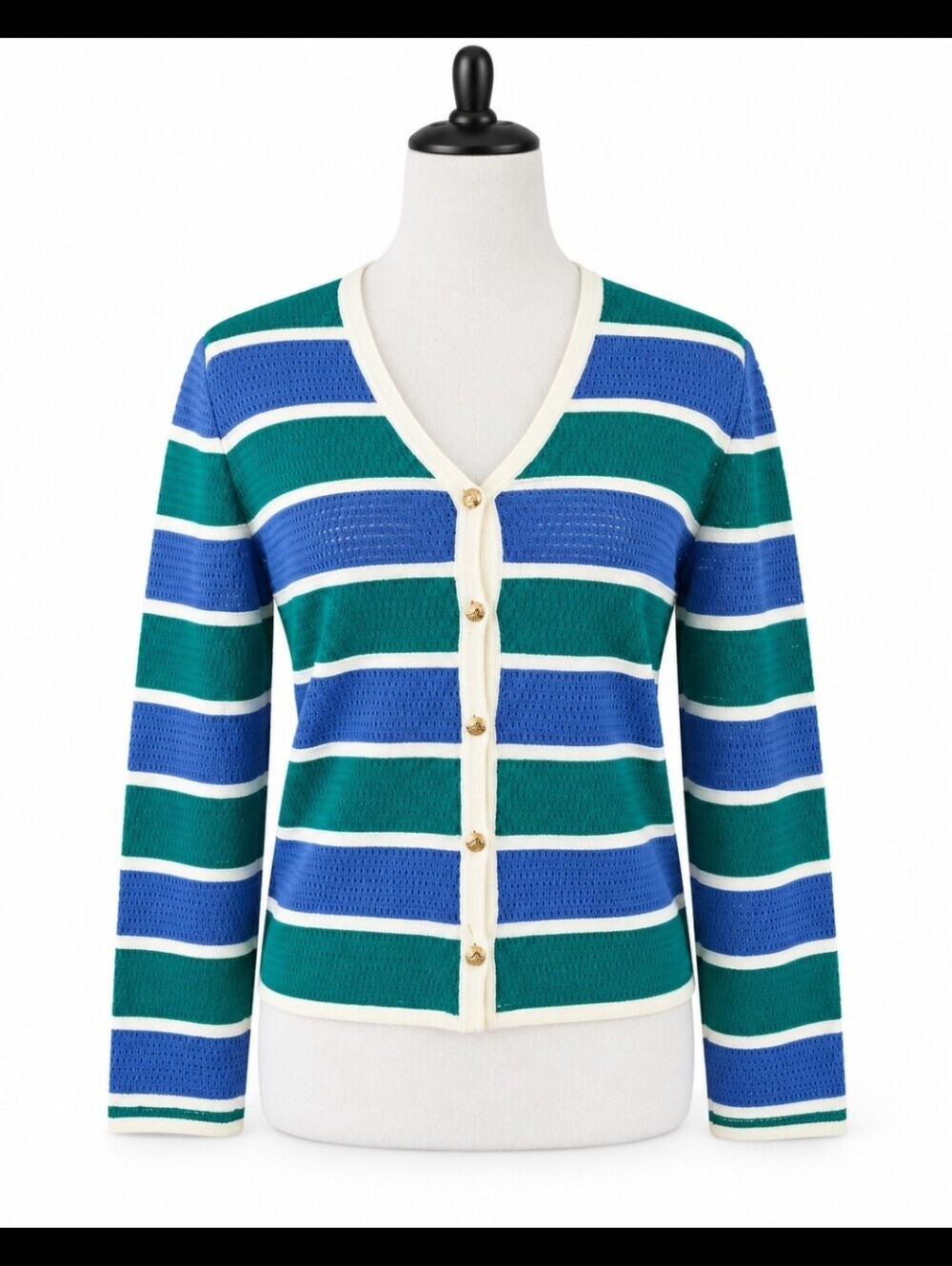 St John Sport Marie Gray Striped Wool Blend Cardigan Blue Green Size P